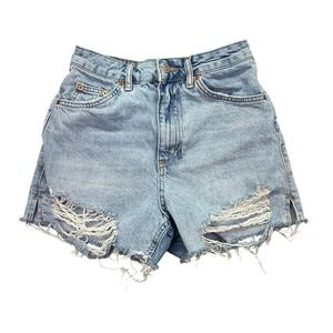 Topshop Denim Shorts Distressed Ripped High Waist Blue Jean Shorts US 2 Fits 25"